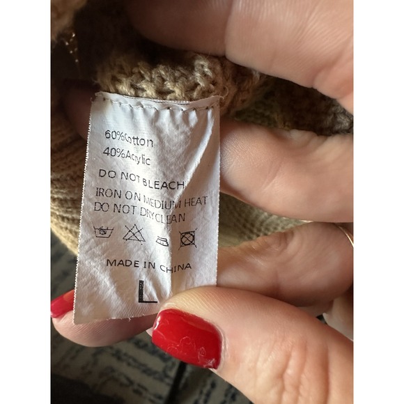 Lillusory V Neck Pullover Sweater Tan Camel Henley Button Large Chunky Warm - Picture 5 of 5